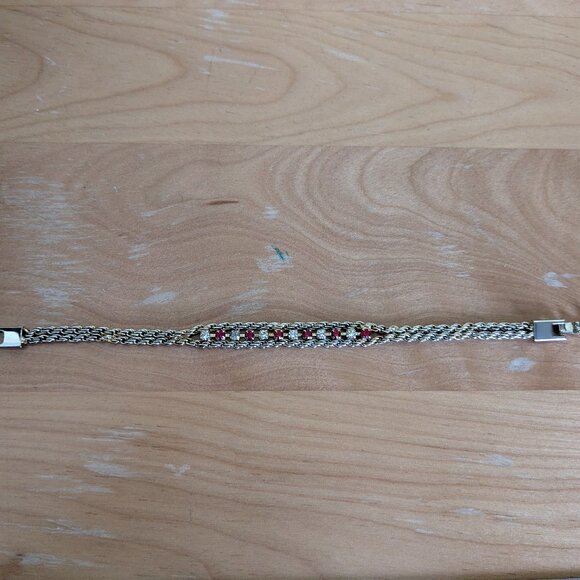 Gold Tone White Red Small Stone Bracelet Two Strand Preppy Classic Quiet Luxury - Picture 2 of 11